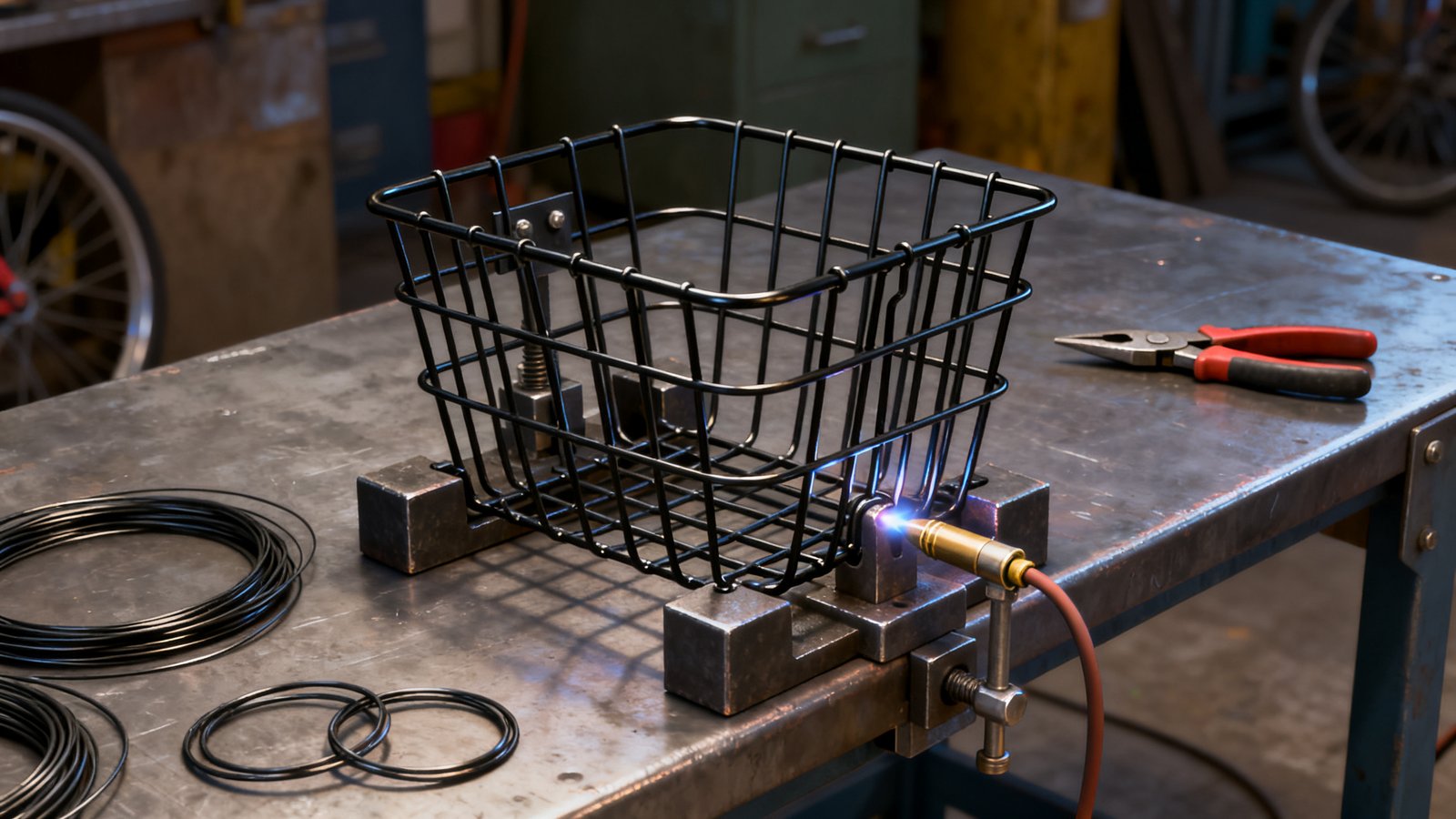 fabricación de cestas para bicicletas: jaula de alambre en forma de caja sujeta firmemente en un sujetador de soldadura, el control que mantiene idéntico cada lote