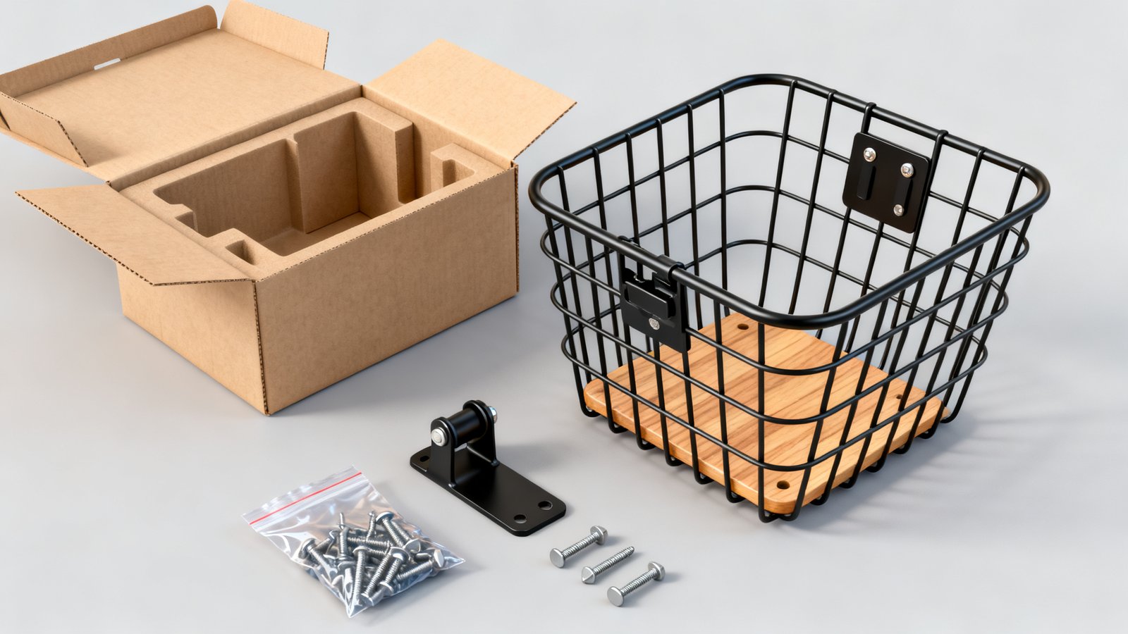 Fabricación de canastillas para bicicletas - Paquete de canastillas para bicicletas listo para la venta: jaula, base, juego de soportes y juego de tornillos con insertos moldeados.