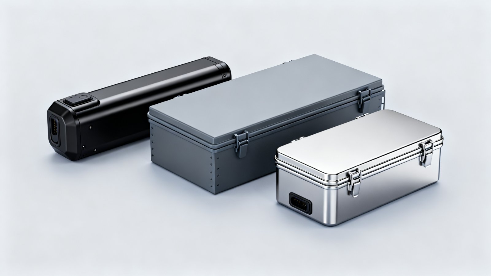 E-bike battery box enclosures produced in one process: a downtube case, a rack-mounted case and a portable pack case