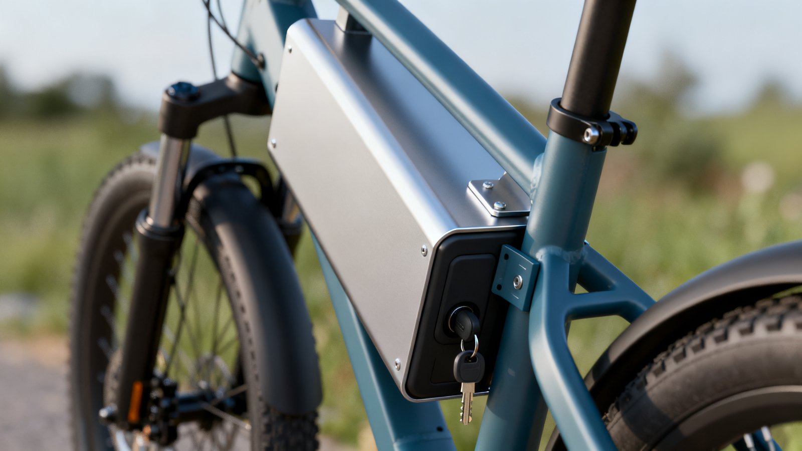 E-bike battery box in downtube format fitted into the frame, with keyed lock and sealed charging port