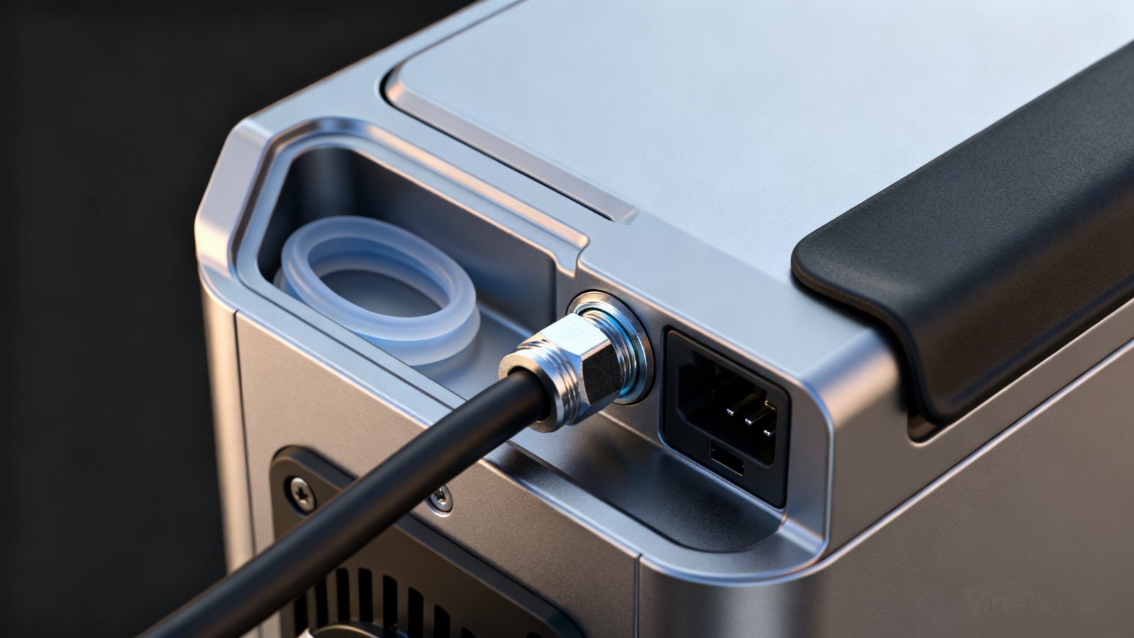 E-bike battery box sealing detail: gasket in a formed channel, sealed cable gland and rubber charging port cover