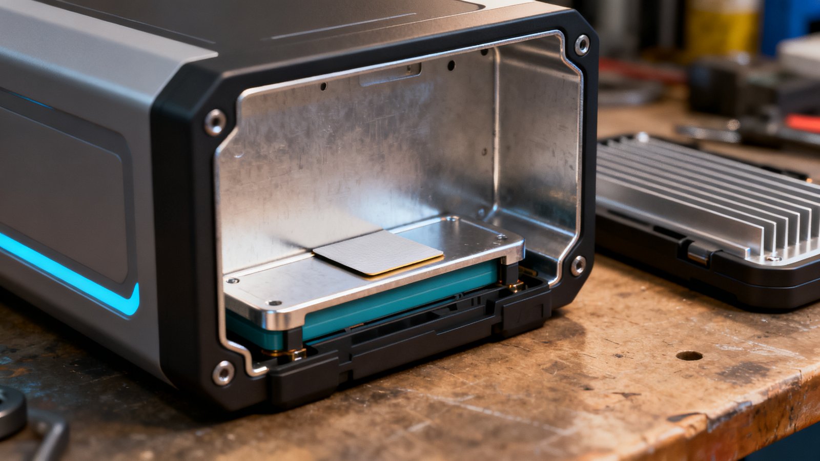 E-bike battery box thermal design: heat spreader, thermal pad and formed cooling ribs on the case wall