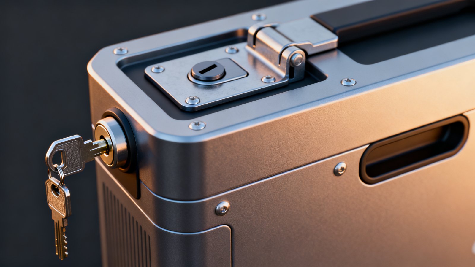 E-bike battery box locking hardware: keyed barrel lock, reinforced latch plate and sealed key slot cover