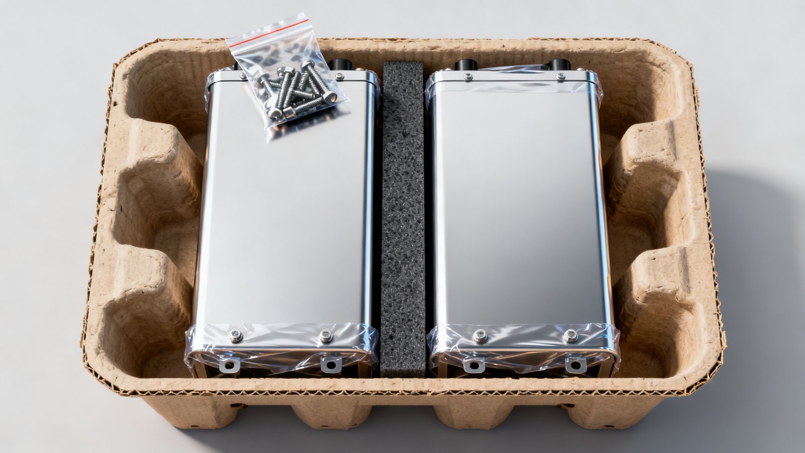E-bike battery box transit packing: moulded end caps, foam separator, protective film and sealed hardware bag