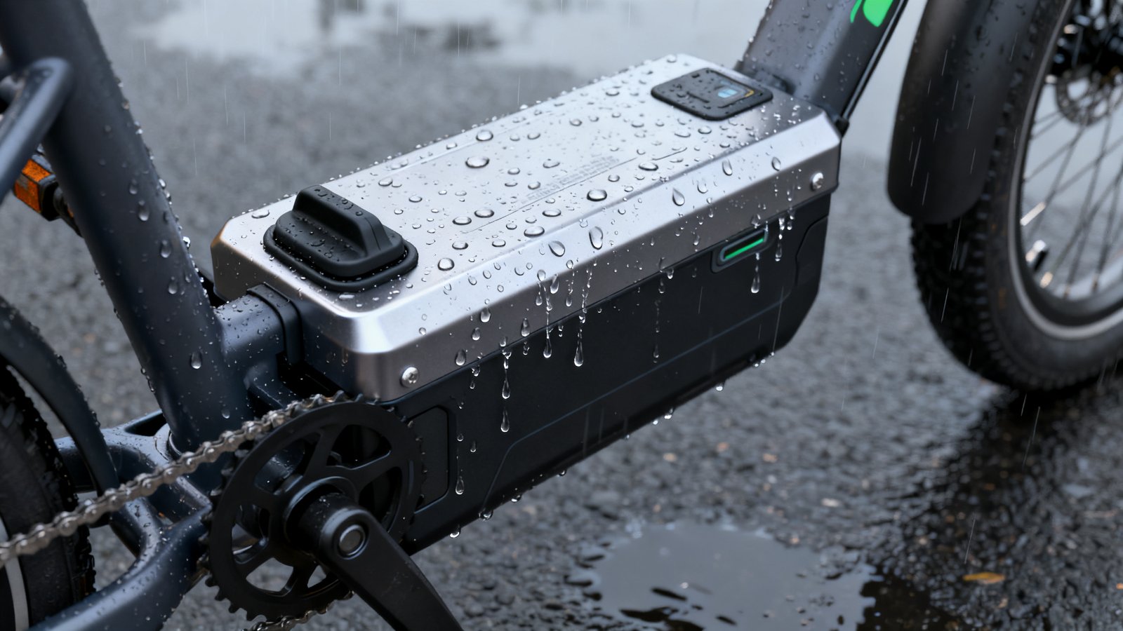 E-bike battery box in the rain, with water beading off the case and the charging port cover