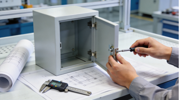 Technician assembling a small electrical box on drawings