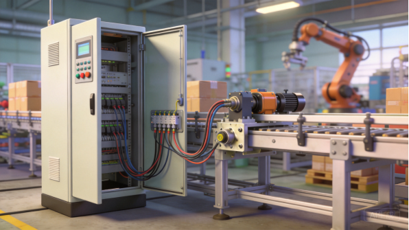 Control cabinet with wiring and a robotic arm in the background
