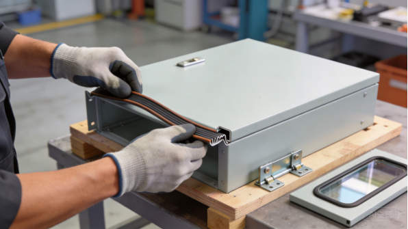 Worker assembling a sheet metal enclosure with a tool