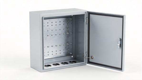 Open sheet metal enclosure with an internal mounting plate