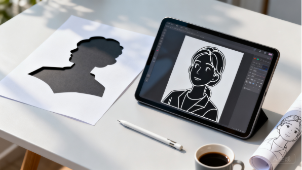 Gedruckte Kunst, Tablet-Design und ausgeschnittene Metallsilhouette auf einer Werkbank