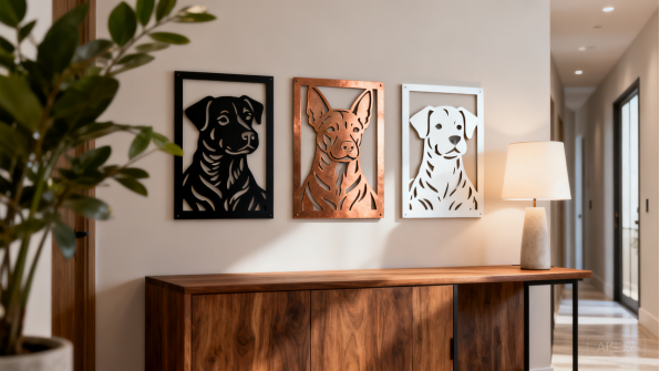 Drei gerahmte Metallporträts auf einem Sideboard präsentiert