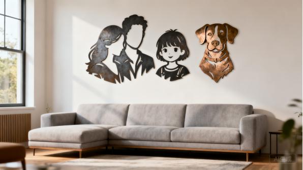 Laser cut metal portrait mounted above a sofa