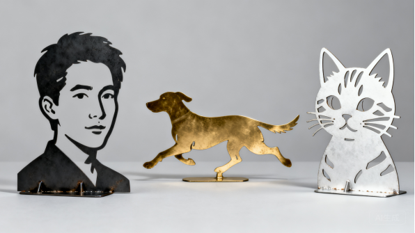 Laser cut metal portraits of a man, a dog and a cat