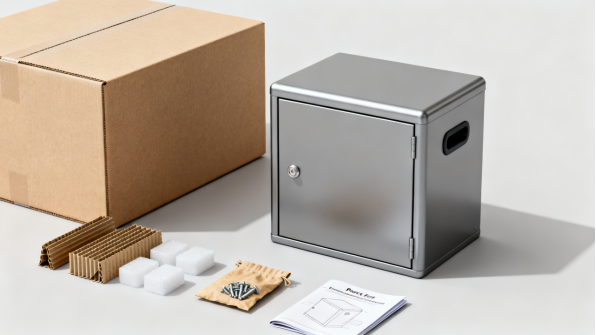 Stainless steel parcel box with retail packaging and accessories
