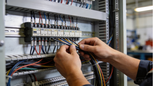 Electrician wiring terminals inside a control cabinet