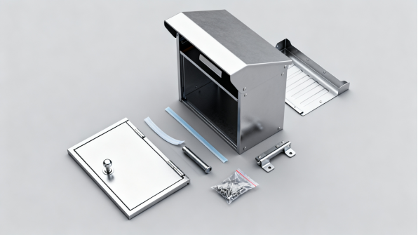 Flat-packed parcel box components laid out with hardware