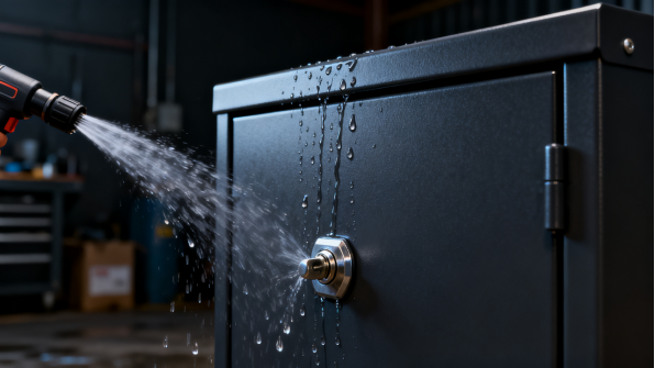 Water spray test on a powder-coated outdoor parcel box