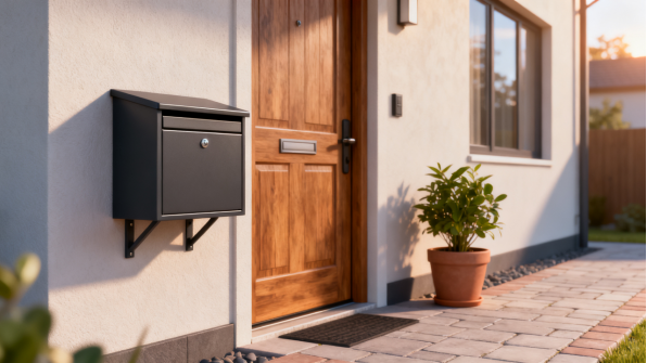 Wall-mounted parcel drop box installed beside a front door