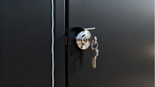 Close-up of a parcel box lock and keyed latch