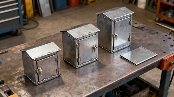 Custom metal parcel boxes on a fabrication workshop bench