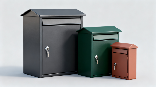 Three powder-coated metal parcel boxes in grey, green and red