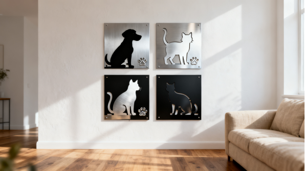 Four framed metal pet portraits on a wall
