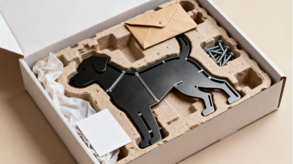 Flat-packed laser cut metal portraits in a wooden crate