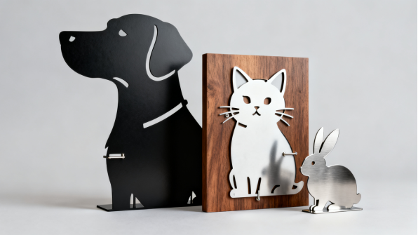 Laser cut metal portraits of dogs and a cat in black steel