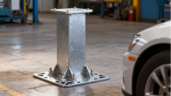 Bases de poste de acero galvanizado montadas en el suelo de una fábrica
