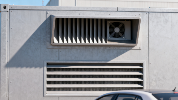 Panel de ventilación de contrachapas en un armario de acero inoxidable