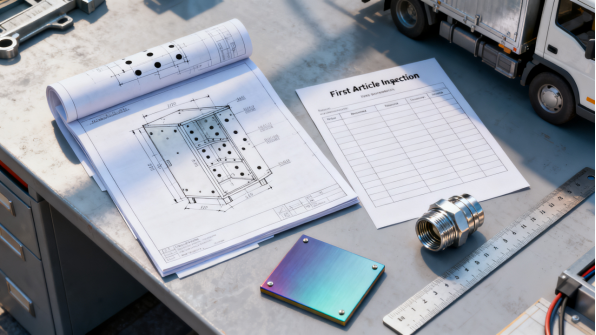 Dibujos e notas de ingeniería sobre un escritorio de taller