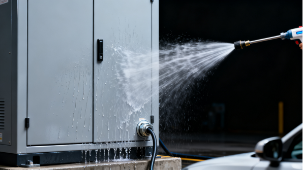 Prueba de pulverización de agua en un armario eléctrico exterior