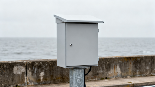 Armario eléctrico exterior montado en un poste junto a la costa