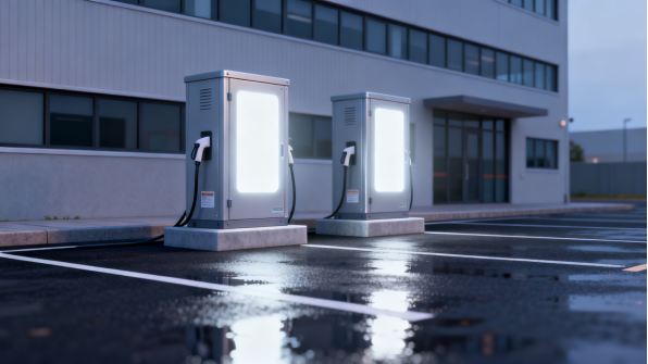 Gabinetes metálicos exteriores iluminados por la noche