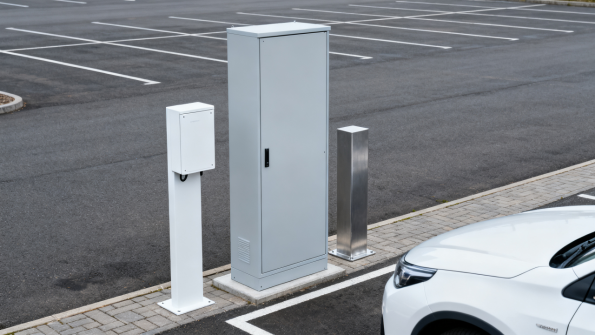 Outdoor metal utility cabinets installed beside a road