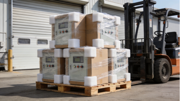 Pallet of boxed electrical enclosures ready for dispatch