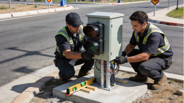 Utility workers installing a roadside control cabinet
