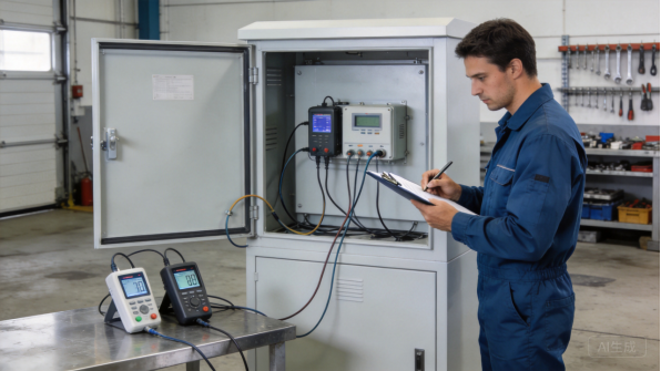 Engineer testing an outdoor electrical cabinet