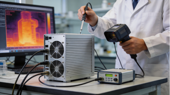 Engineer testing an industrial PC with thermal imaging