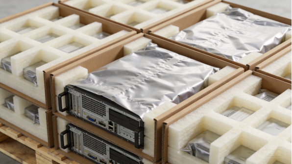 Packed electronic units in foam-lined crates