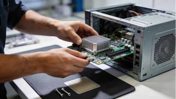 Technician assembling a rack-mounted computer chassis