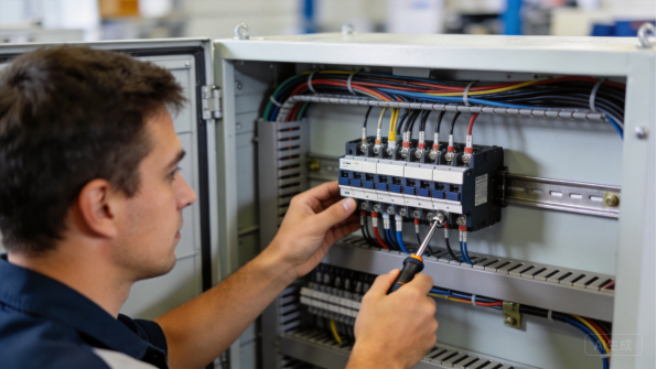 Tecnico che effettua il cablaggio di un quadro di controllo con terminali