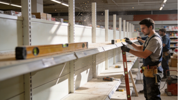 Worker aligning metal shelving in a workshop