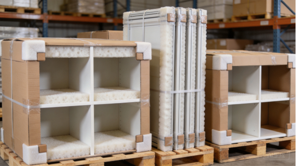 Flat-packed metal shelving in a warehouse