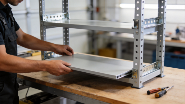 Worker assembling a metal shelving frame