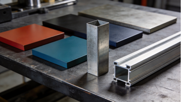 Metal tubes and brackets on a workbench