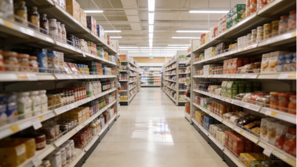 Supermarket aisle fitted with metal shelving