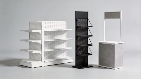 Retail shelving units in white, grey and black