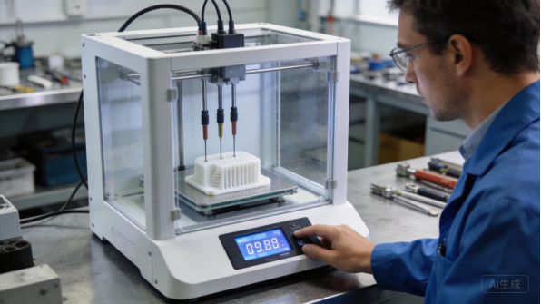 Opérateur travaillant sur une imprimante 3D à l'intérieur d'un carénage métallique