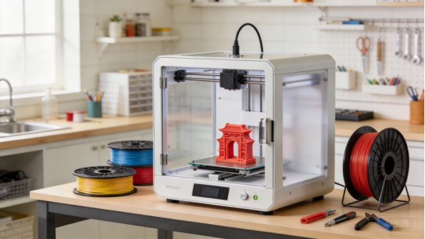Carénage pour imprimante 3D sur une table d'atelier avec filament